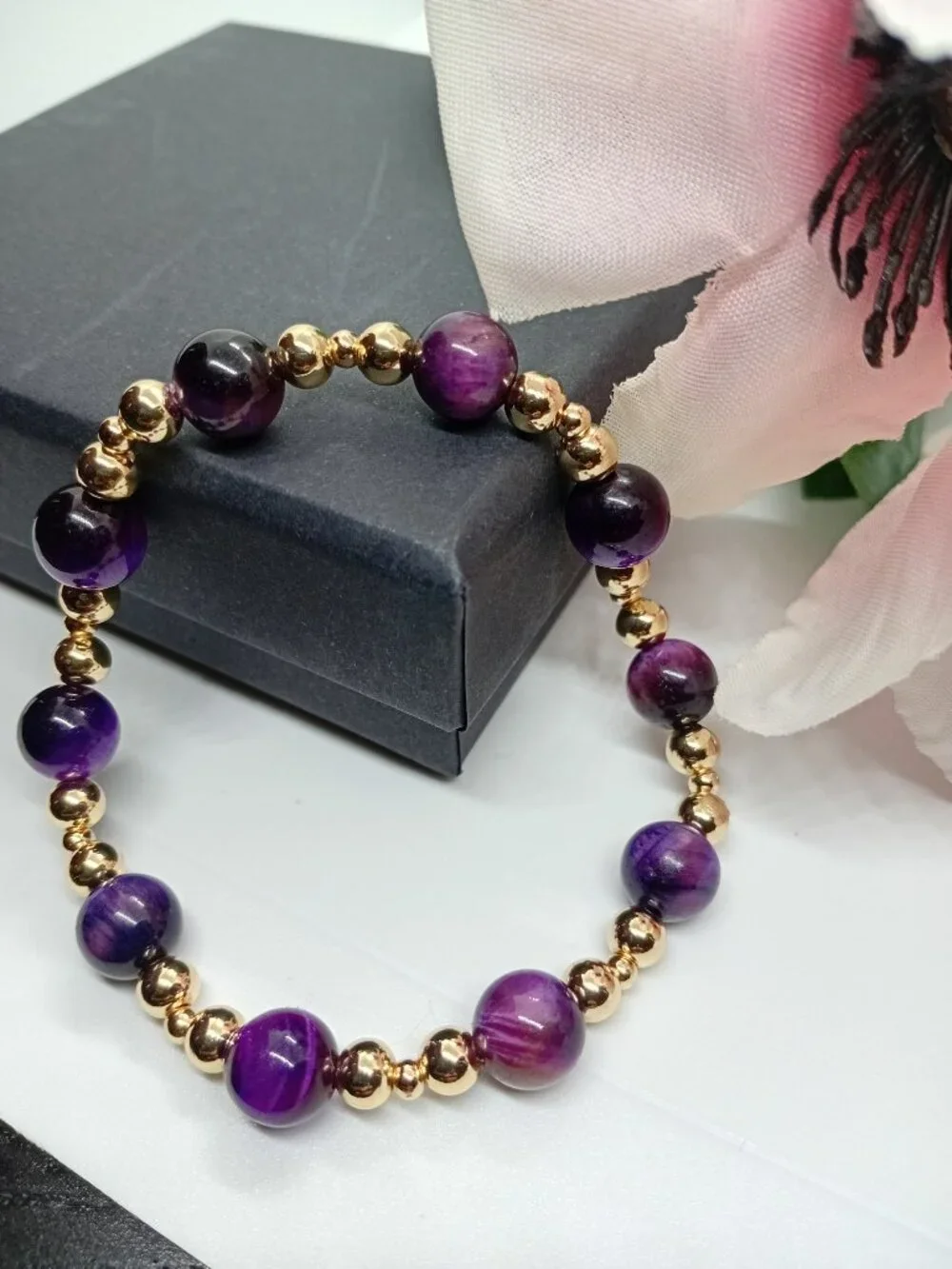 Purple Reign Purple Tiger's Eye Stretch Bracelet 14K Gold Filled Focus & Protect